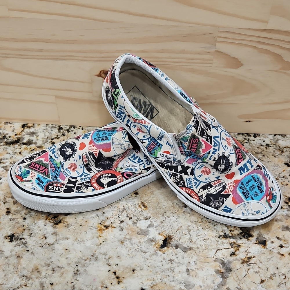 Vans Classic Slip-On "Sticker Mash-Up" shoes Mens Size 9...womens Soze 10.5